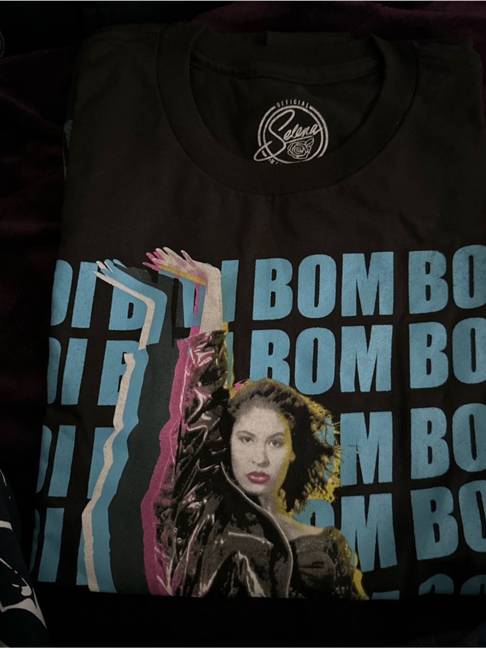 Selena Bom Bom Graphic Tee — Black with Teal Print